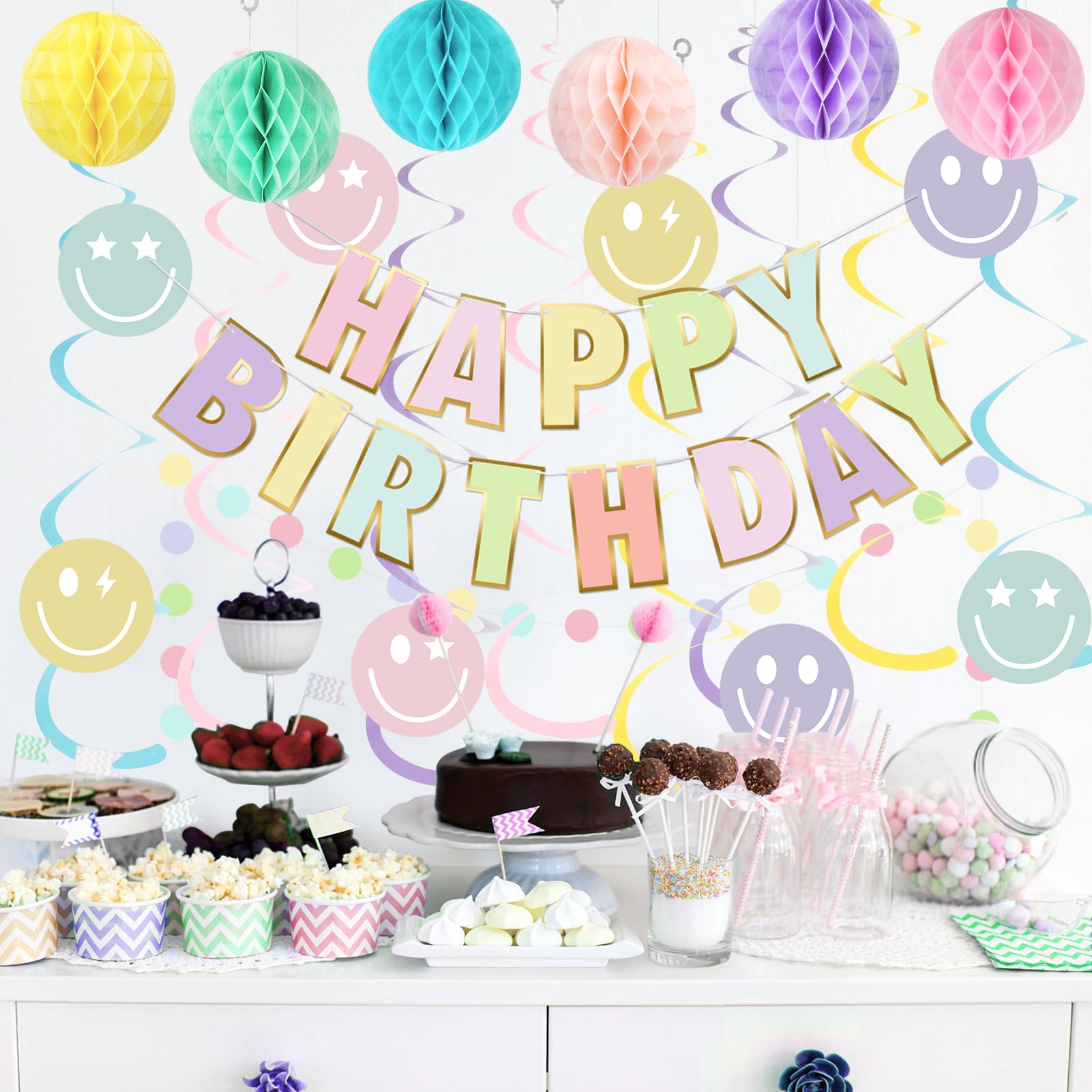 meowtastic Pastel Birthday Decorations - Macaron Happy Birthday Banner with Honeycomb, Smiley Face Hanging Swirl Streamer, Circle Dot Garland Decorations - Birthday Party Decorations for Boys Girls