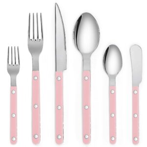 pinkrella 6-piece stainless steel flatware silverware cutlery set - color handle with rivet/retro style - includes dinner knife; dinner fork; salad fork; soup spoon; teaspoon; spreader (pink)