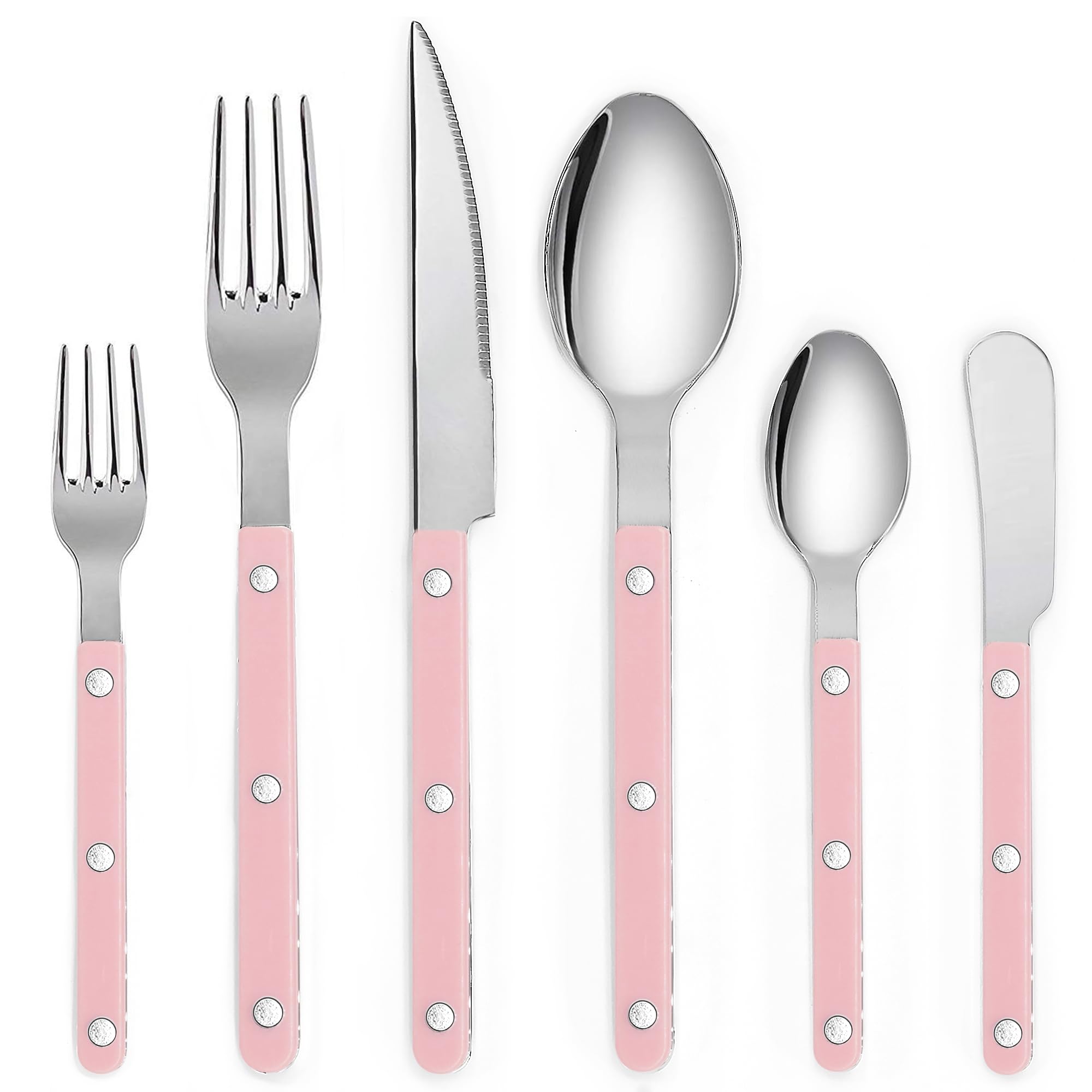 PINKRELLA 6-Piece Stainless Steel Flatware Silverware Cutlery Set - Color Handle with Rivet/Retro Style - Includes Dinner Knife; Dinner Fork; Salad Fork; Soup Spoon; Teaspoon; Spreader (PINK)