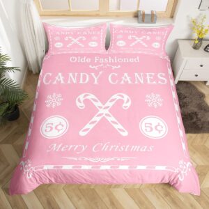 jejeloiu christmas bedding set queen size kids christmas quote comforter cover set for boys girls teens candy canes print duvet cover xmas bedspread cover room decorations pink white quilt cover