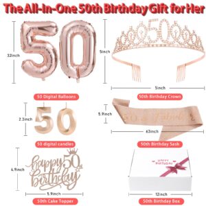 50th Birthday Decorations Gifts for Women Birthday Party Favors Including 50th Crown/Tiara,"Birthday fabulous" 50th Sash,50th Birthday Candles and Cake Toppers, Rose Gold 50th Balloons