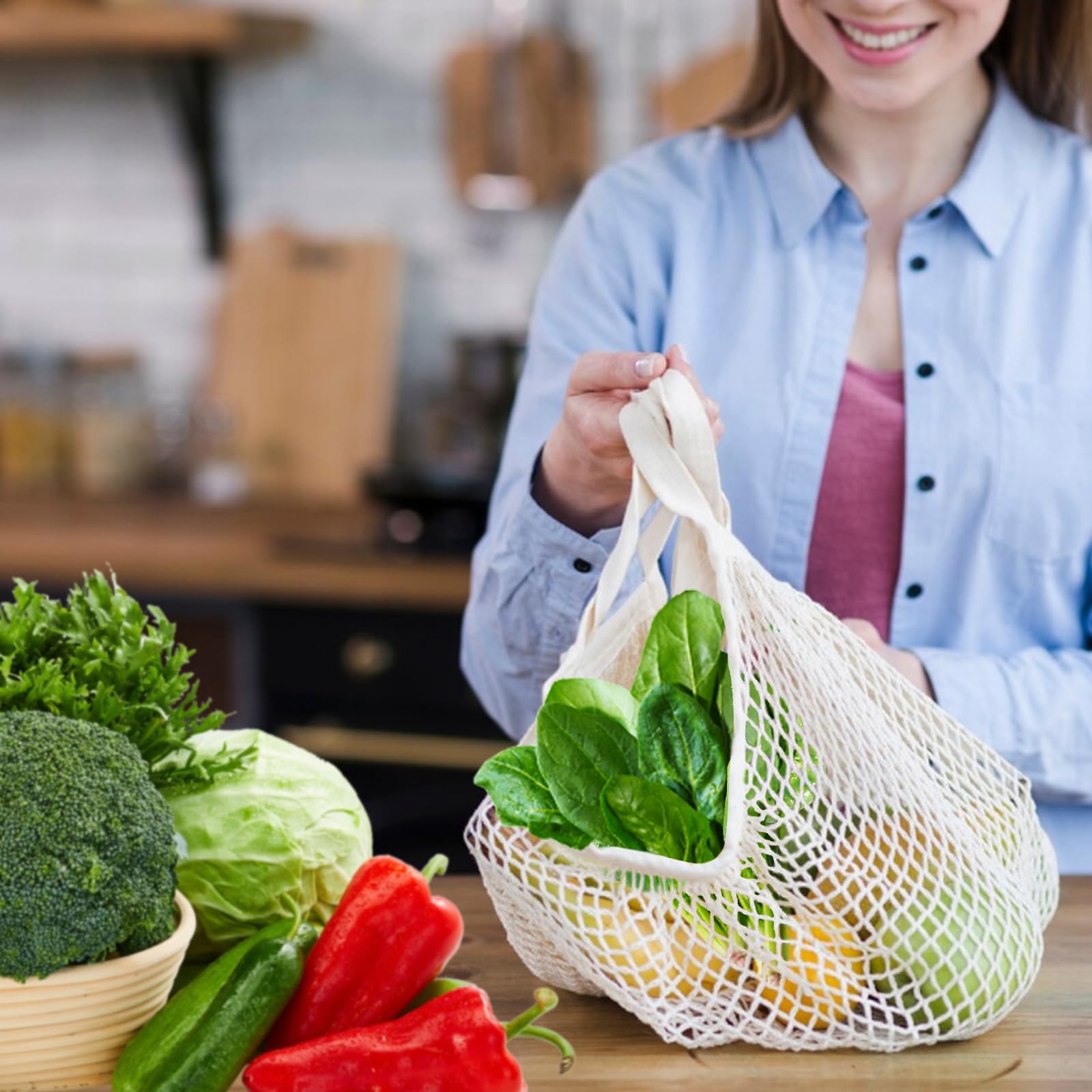 Mordx 2 Pack Premium Mesh Grocery Bags,100% Cotton String Mesh Bags,Long Handle Net Tote Bags,Reusable Produce Bags,Washable,Portable，Fruit and Vegetable Storage Bags,Beige