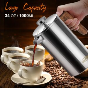 IKAPE French Press Coffee Maker, 34 OZ 304 Stainless Steel Espresso Coffee & Tea Maker with 4 Level Filtration System(Silver)