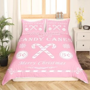 jejeloiu Christmas Bedding Set Queen Size Kids Christmas Quote Comforter Cover Set for Boys Girls Teens Candy Canes Print Duvet Cover Xmas Bedspread Cover Room Decorations Pink White Quilt Cover