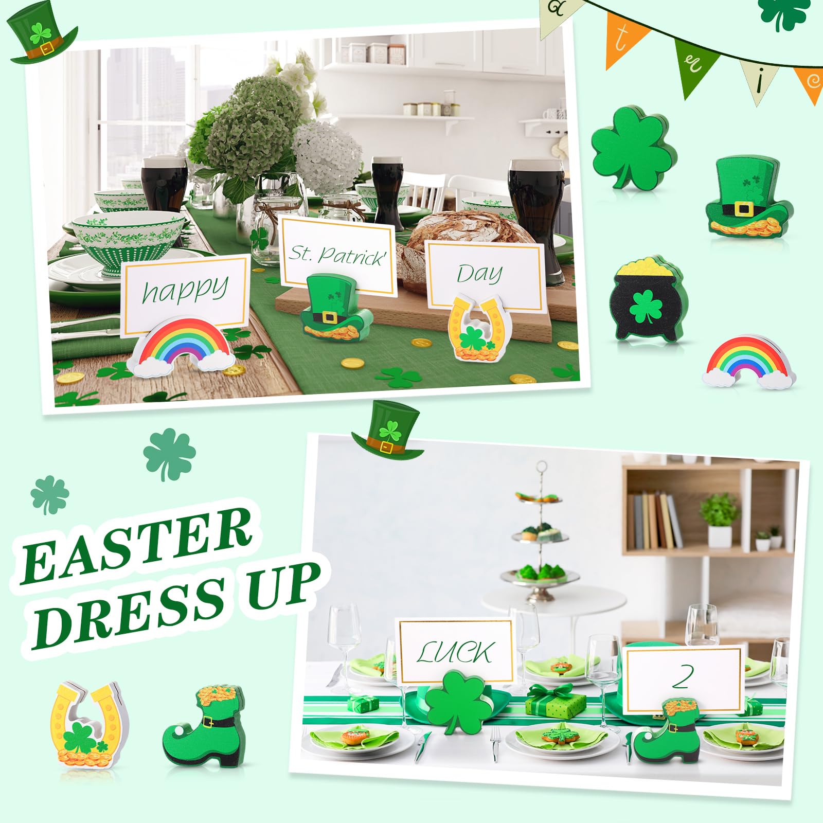 Kigley 18 Pcs St. Patrick Wooden Place Card Holder and 25 Pcs Gold Foil White Card Shamrock Wooden Table Sign Picture Number Sign Stands Holder for Spring Wedding Party Events