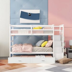 twin over twin bunk bed with twin size trundle, solid wood bunk beds with 4 storage drawers, staircase and safety guard rail, no box spring needed (white)