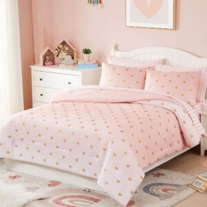 Wink Deer Kids Pink Bedding Sets, 5 Piece Twin Comforter Set with Sheets, Gold Heart Shaped Pink Cute Bedding for Girls, Twin Bed in a Bag(Twin, 66" X 86")