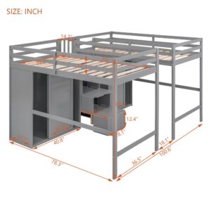 Double Loft Beds with Stairs and 2 Wardrobes, Twin Size Wood Loft Bed Frame with Large Storage Staircase and Closet for Two Kids Girls Boys Teens, No Box Spring Needed, Gray