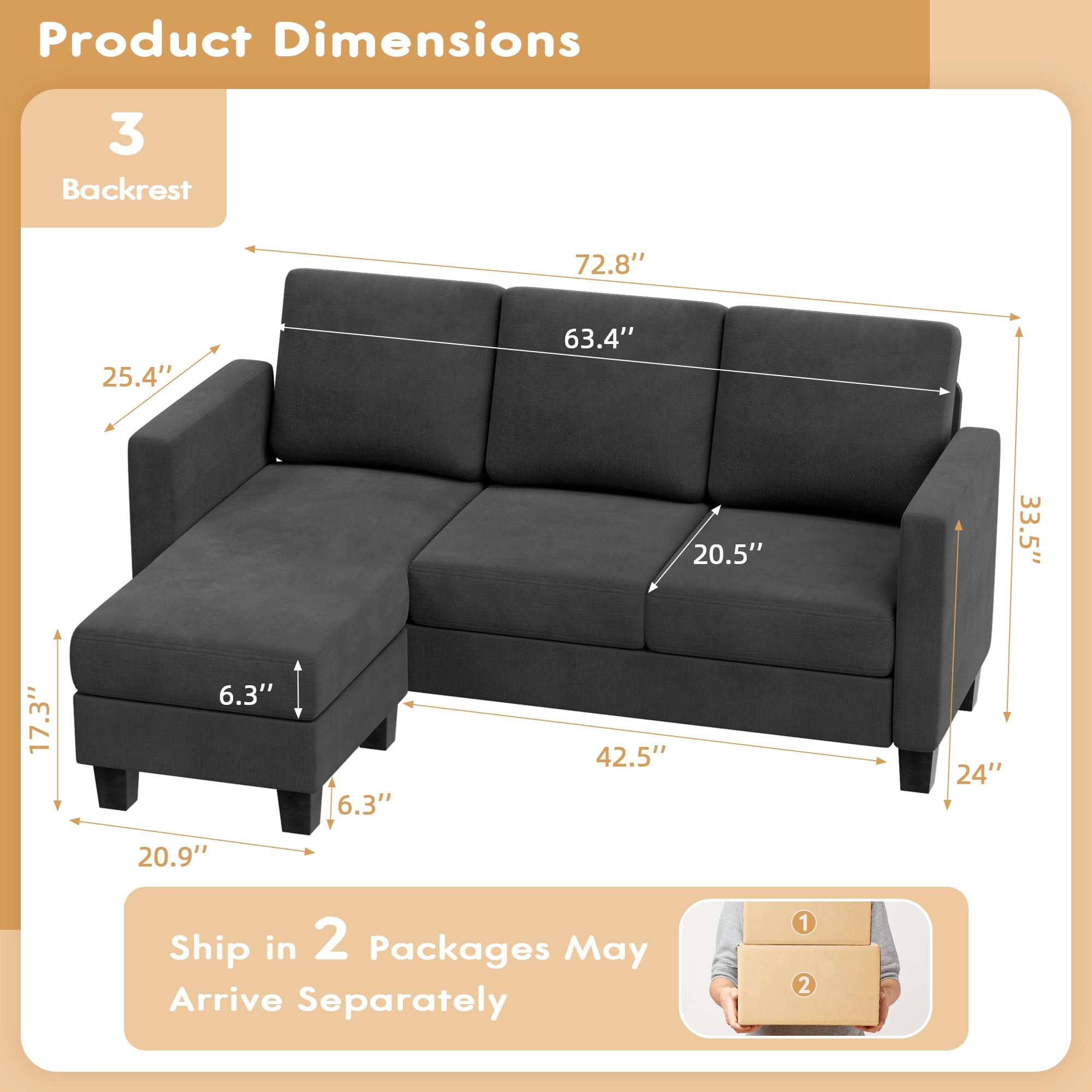 VICTONE Convertible Sectional Sofa Couch, 3 Seat L-Shaped Sofa with Linen Fabric Ottoman Small Couch for Small Apartments, Living Room and Office (Dark Gray)