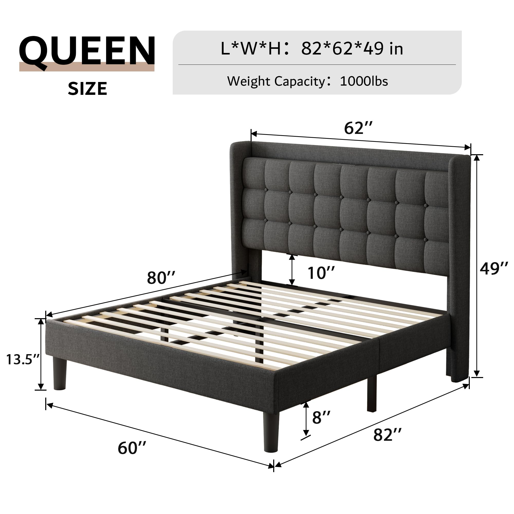 iPormis Queen Bed Frame with Charging & Storage, Upholstered Platform Bed with Button Tufted Wingback Headboard, Heavy-Duty Foundation, No Box Spring Needed, Dark Grey