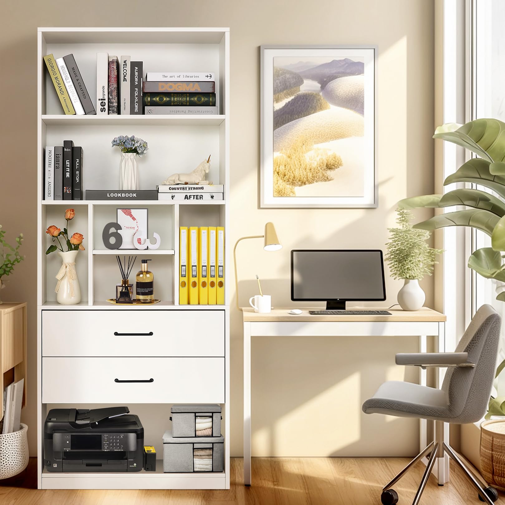 SEJOV White Bookshelf, 71" Tall Bookcase with 2 Drawers, Wooden Bookcases 4-Tier Open Shelves, Bookshelves and Storage Cabinet Floor Standing for Bedroom, Living Room, Office