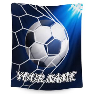 personalized soccer blanket for teens - 50x60 inches throw size - soft fuzzy cozy blankets gift for soccer team - blue sports throw blanket for couch, living room & office