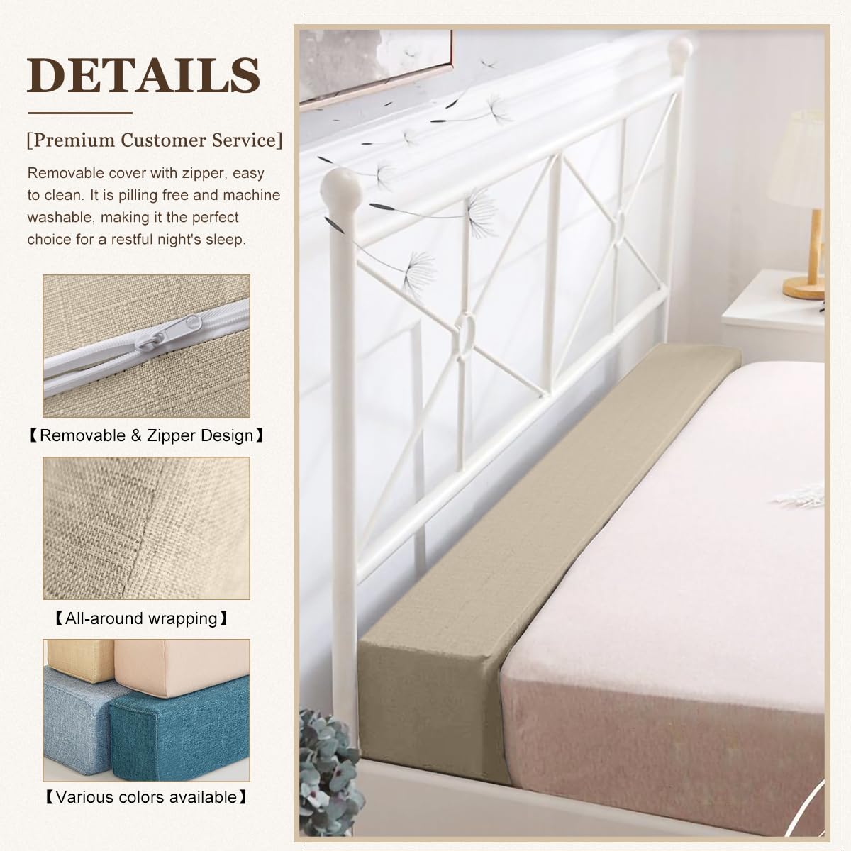 Bed Gap Filler/Mattress Space Filler, Mattress Extender for Twin/Full/Queen/King Bed, Close Gap(0-12") Between Mattress and Headboard or Wall, Stop Losing Your Pillows(Beige-LxWxD-60*6*8in)