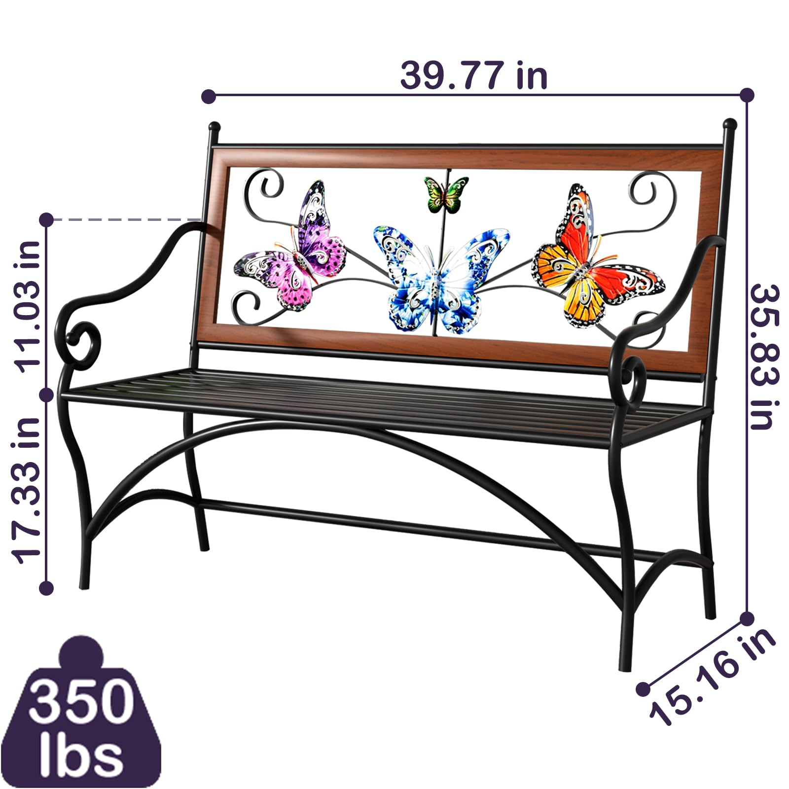 39.7" Outdoor Bench, Garden Bench, Patio Bench with Armrest, Slatted Seat and Butterfly Pattern Backrest for Outside, Front Porch, Park, Lawn, Backyard and Balcony, Cast Iron Metal Frame, Black