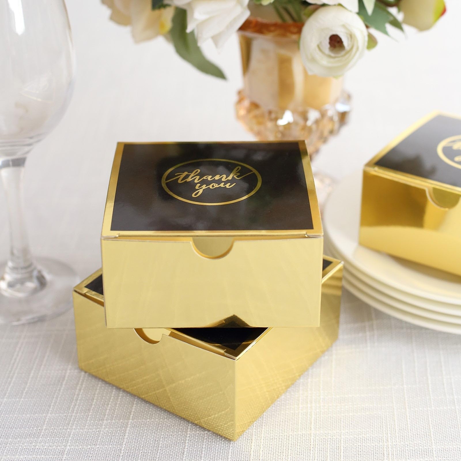 Efavormart 25 Pack Black Gold Thank You Print Paper Gift Boxes, Cardstock Party Shower Candy Favor Boxes - 4"x4"x2"