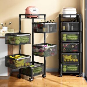 CLAYHU Rotating Storage Rack with Lockable Casters & Stainless Steel Removable Storage Basket Fruit and Vegetable Storage Rack for Kitchen Bathroom Storage Basket Rack Bedroom (Black, 5 Tier)