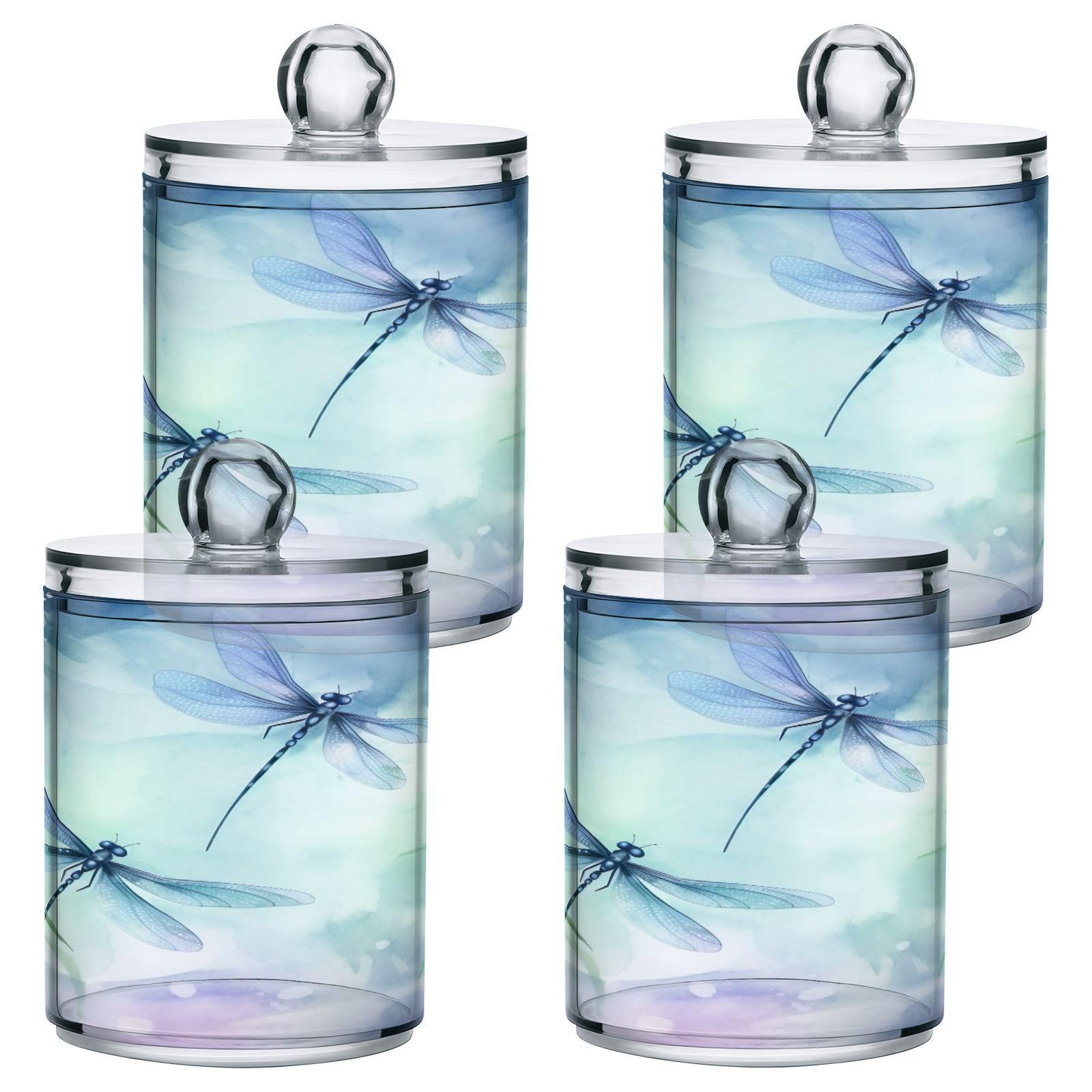 SDMKA 2 Pack Apothecary Jars Bathroom Watercolor Dragonflies Qtip Holder Dispenser Clear Plastic Storage Canister Jar with Lid for Cotton Ball, Cotton Swab