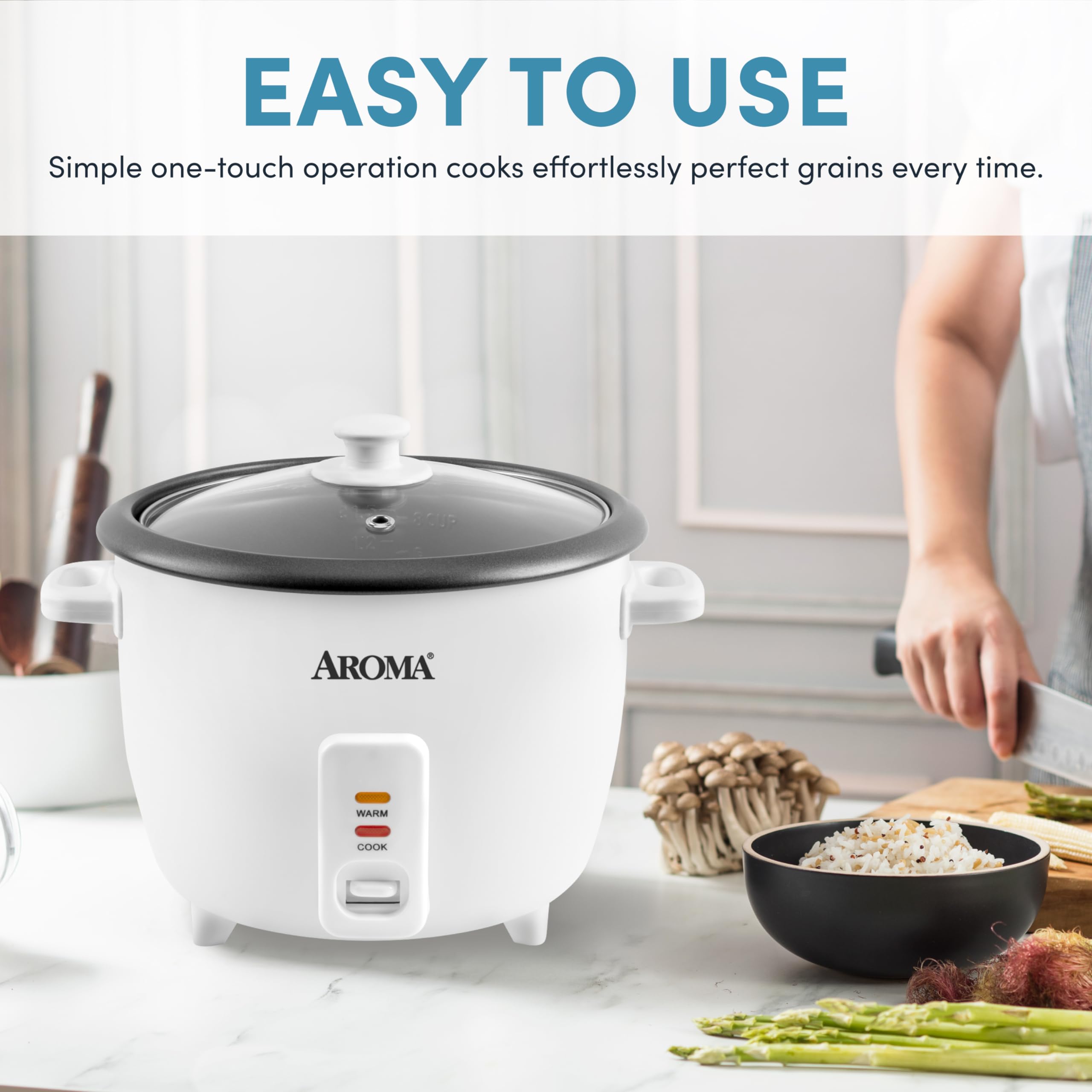 AROMA® Rice Cooker, 8-Cup (Uncooked) / 16-Cup (Cooked), Pot-Style Rice Cooker and Soup Warmer with One-Touch Control, 4 Qt, White, ARC-368NG