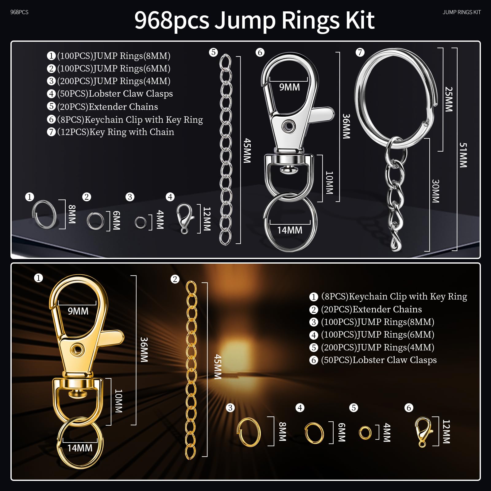 LEOBRO Jump Rings, 968pcs Jewelry Making Supplies, Jump Rings for Jewelry Making, Gold Silver Jump Rings for Charm, Lobster Claw Clasps for Necklace Bracelet Jewelry, Key Chain Rings for Keychain