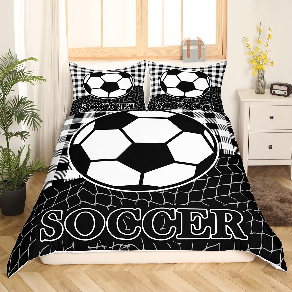 Feelyou Soccer Bedding Set for Girls Boys Kids Twin Size Black White Comforter Cover Set Room Decorative Geometric Pattern Duvet Cover Sports Theme Bedspread Cover 2Pcs Bedclothes