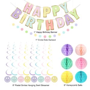 meowtastic Pastel Birthday Decorations - Macaron Happy Birthday Banner with Honeycomb, Smiley Face Hanging Swirl Streamer, Circle Dot Garland Decorations - Birthday Party Decorations for Boys Girls