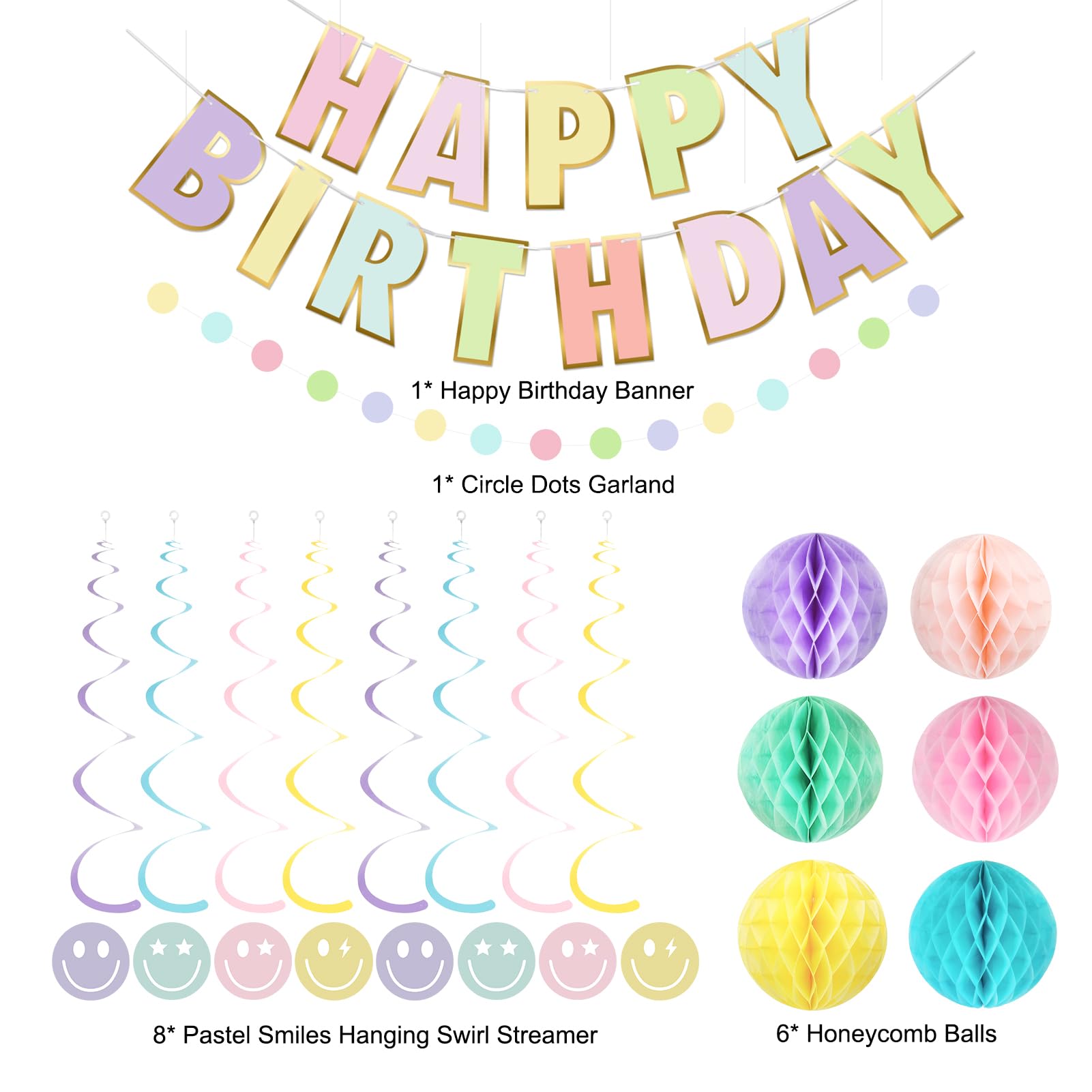 meowtastic Pastel Birthday Decorations - Macaron Happy Birthday Banner with Honeycomb, Smiley Face Hanging Swirl Streamer, Circle Dot Garland Decorations - Birthday Party Decorations for Boys Girls