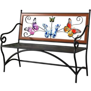 39.7" outdoor bench, garden bench, patio bench with armrest, slatted seat and butterfly pattern backrest for outside, front porch, park, lawn, backyard and balcony, cast iron metal frame, black