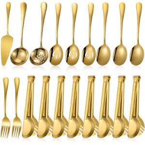 tanlade 19 pcs stainless steel serving utensils set flatware include spoons forks slotted spoons soup ladle skimmers pie server serving tongs for home buffet party breakfast dinner(gold)