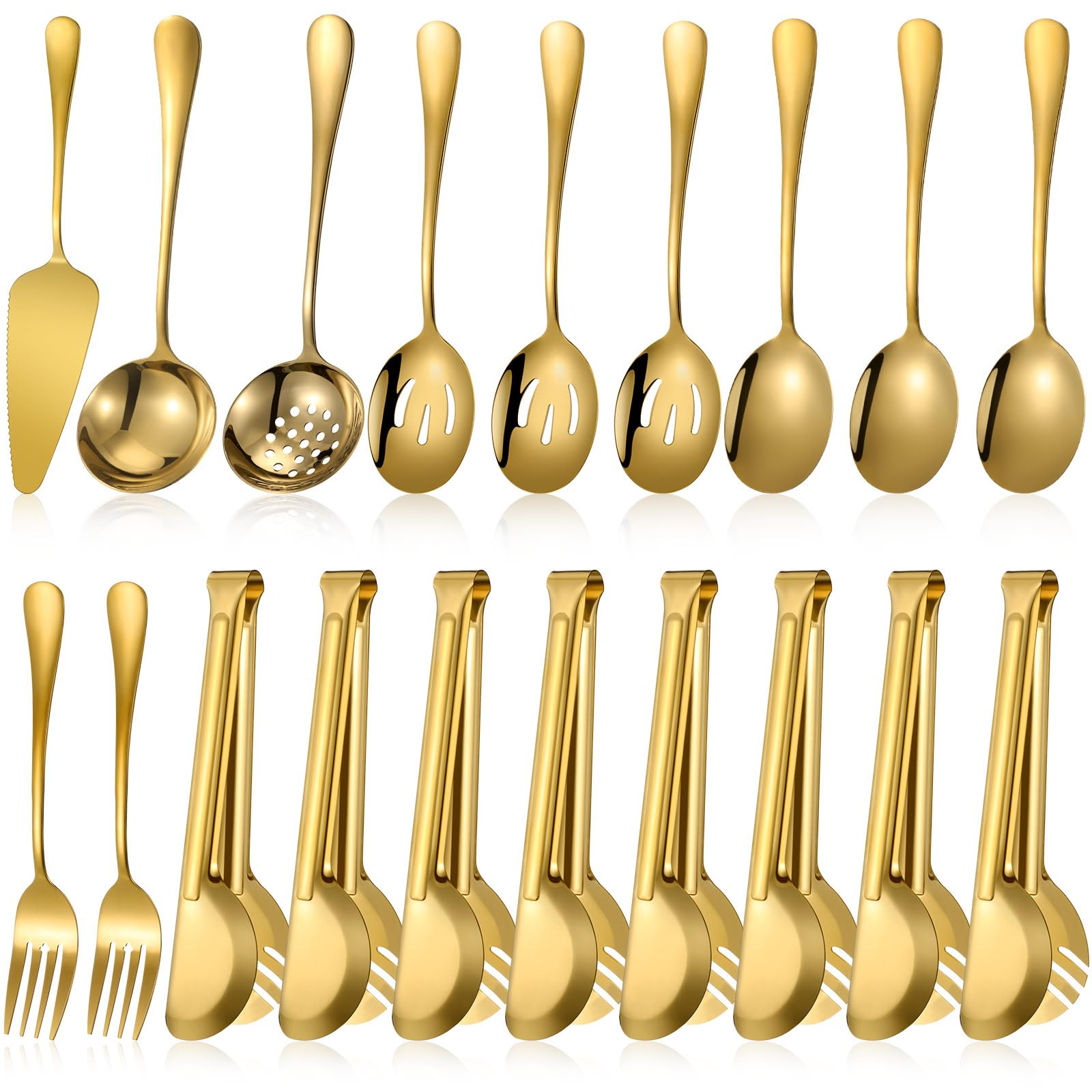 Tanlade 19 Pcs Stainless Steel Serving Utensils Set Flatware Include Spoons Forks Slotted Spoons Soup Ladle Skimmers Pie Server Serving Tongs for Home Buffet Party Breakfast Dinner(Gold)