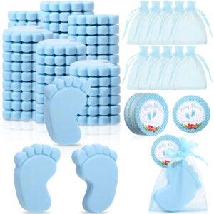 dimsile 50 sets baby shower favors, handmade baby feet scented soap party favors for guests baby shower favors soaps with organza bags thanks tags for baby shower gifts wedding party guests (blue)