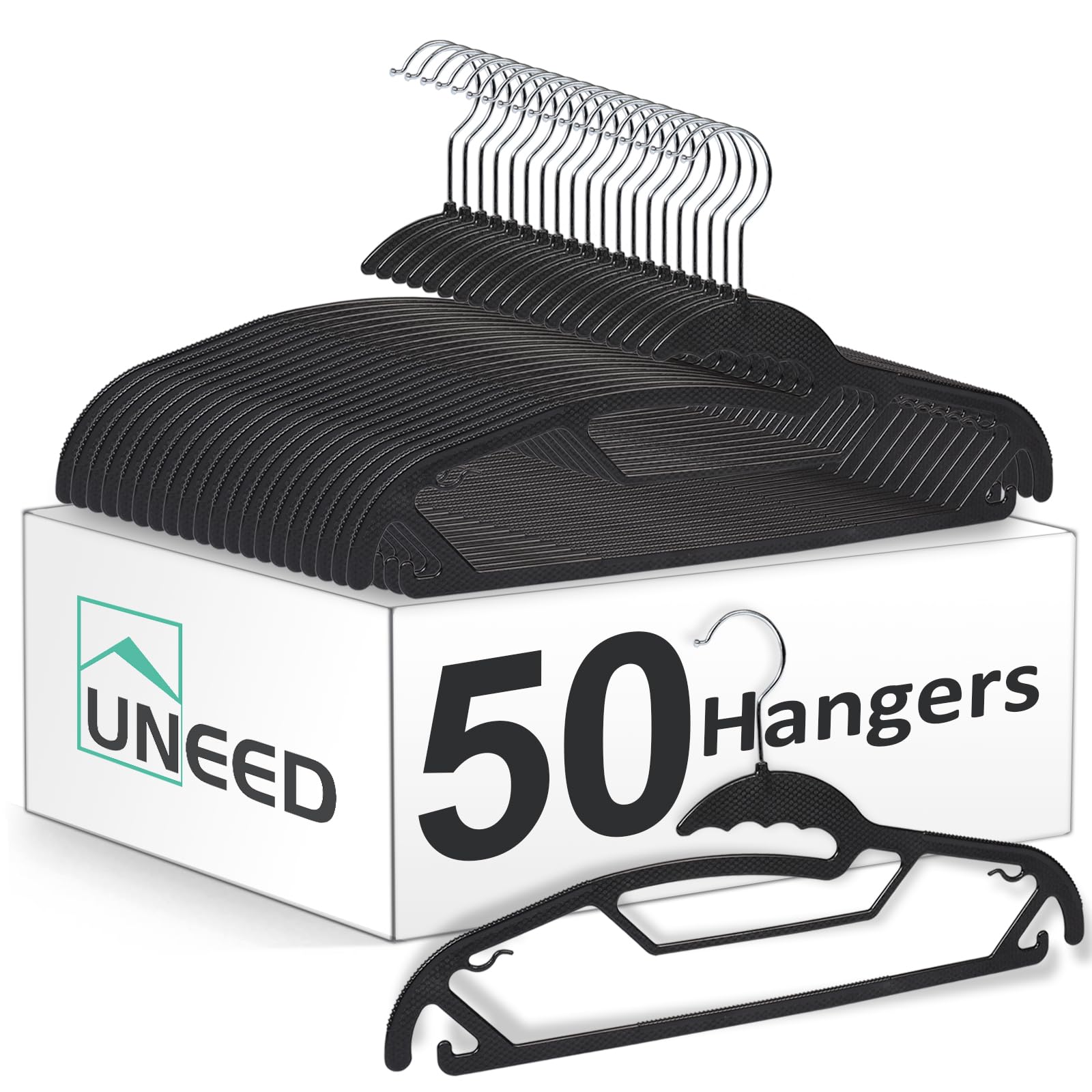 UNEED Hangers 50 Pack - Space Saving Plastic Clothes Hangers with 360°Rotating Hook-Heavy Duty Hangers for Suits and Pants(Balck Hanger)