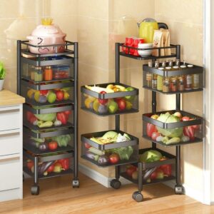 CLAYHU Rotating Storage Rack with Lockable Casters & Stainless Steel Removable Storage Basket Fruit and Vegetable Storage Rack for Kitchen Bathroom Storage Basket Rack Bedroom (Black, 5 Tier)