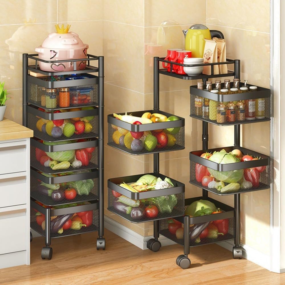 CLAYHU Rotating Storage Rack with Lockable Casters & Stainless Steel Removable Storage Basket Fruit and Vegetable Storage Rack for Kitchen Bathroom Storage Basket Rack Bedroom (Black, 5 Tier)