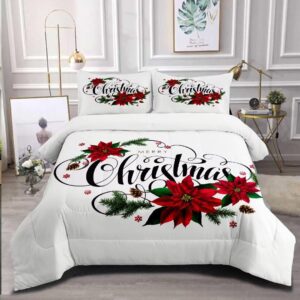 grat tioc christmas comforter king,xmas bedding set set,red poinsettia flowers comforter merry christmas bed bedroom set home decor for kids girls women white