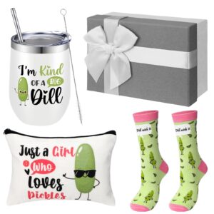 soaoo funny pickle gifts for pickle lovers just a girl who loves pickles makeup bag insulated 12 oz stainless steel tumbler pickle sock gift box with card pickle christmas gift(pink and white)