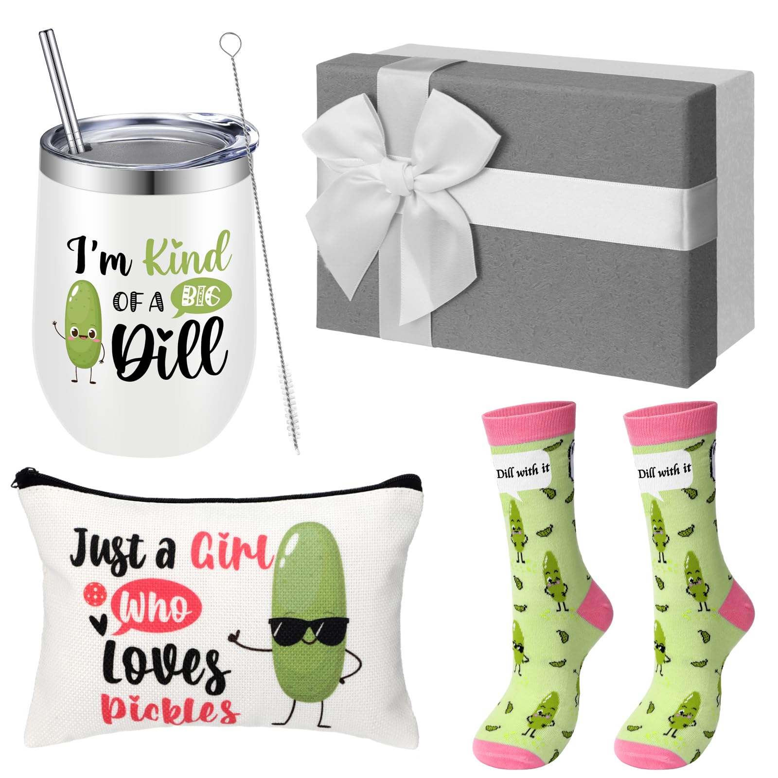 Soaoo Funny Pickle Gifts for Pickle Lovers Just a Girl Who Loves Pickles Makeup Bag Insulated 12 oz Stainless Steel Tumbler Pickle Sock Gift Box with Card Pickle Christmas Gift(Pink and White)