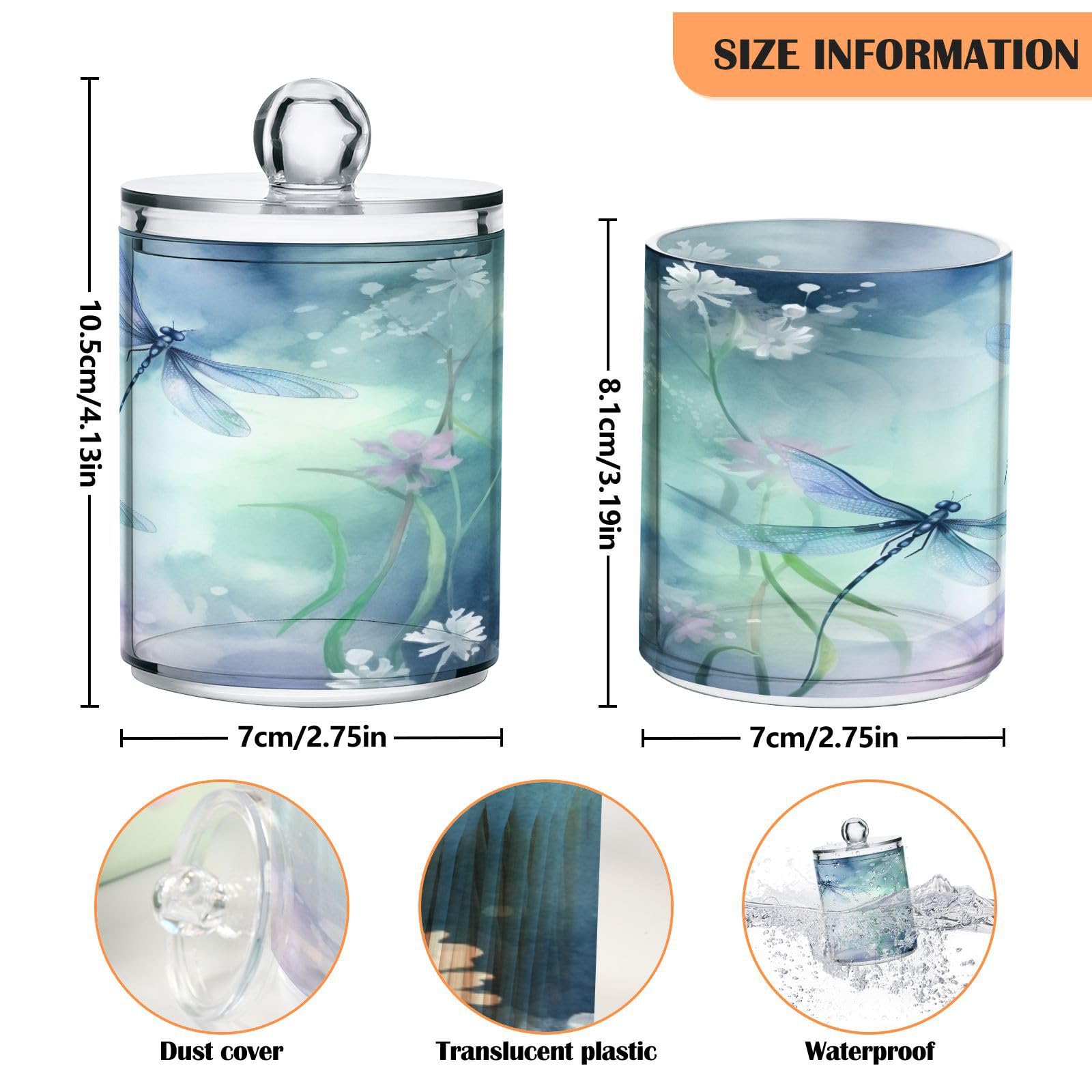 SDMKA 2 Pack Apothecary Jars Bathroom Watercolor Dragonflies Qtip Holder Dispenser Clear Plastic Storage Canister Jar with Lid for Cotton Ball, Cotton Swab