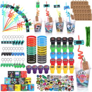 liyiq 292 pcs video game party favors with reusable drinking straws cups slap bracelets keychains gift tags stamps stickers and twist ties for gamer birthday party supplies