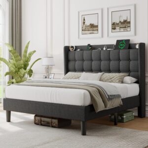 iPormis Queen Bed Frame with Charging & Storage, Upholstered Platform Bed with Button Tufted Wingback Headboard, Heavy-Duty Foundation, No Box Spring Needed, Dark Grey