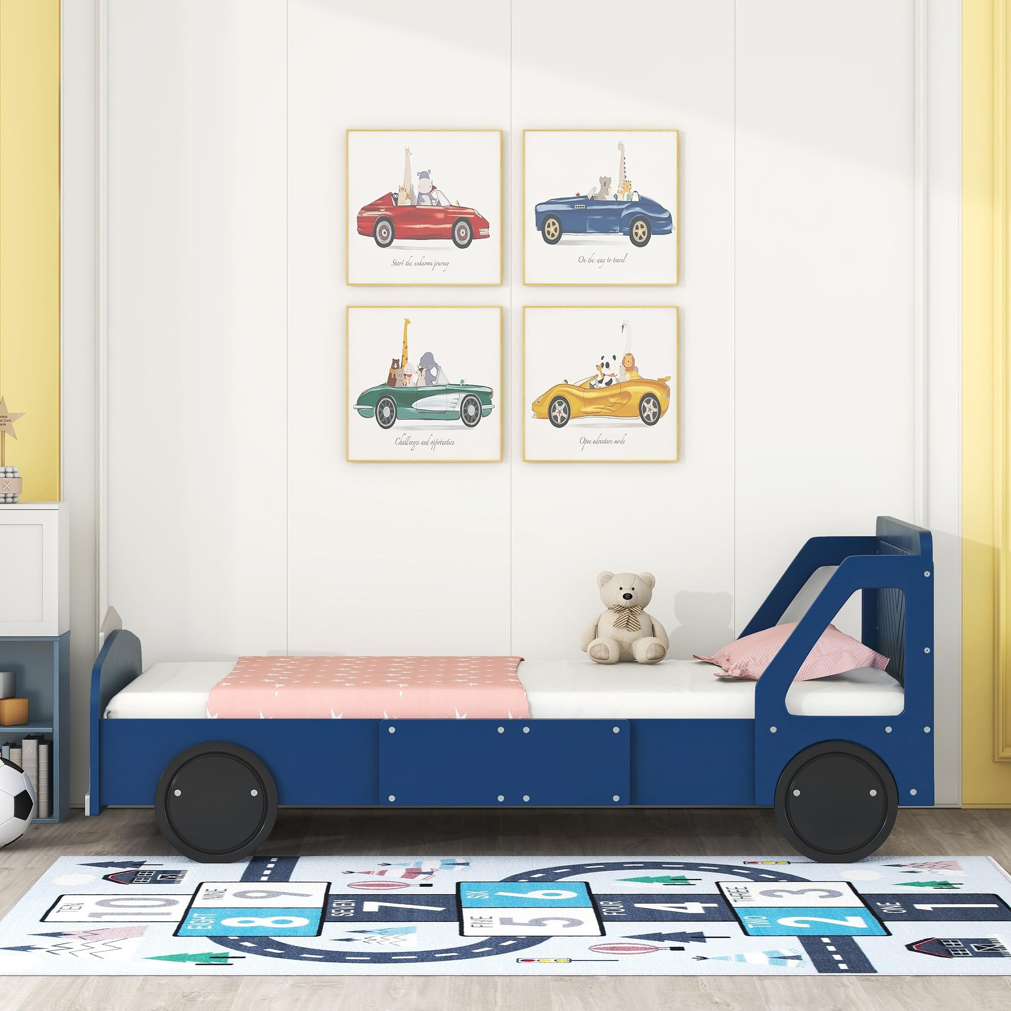 Twin Size Car Bed with Wheels, Wood Platform Bed with Headboard and Footboard, Race Car Bed Frame with Slats Support for Boys Girls, No Box Spring Needed, Blue