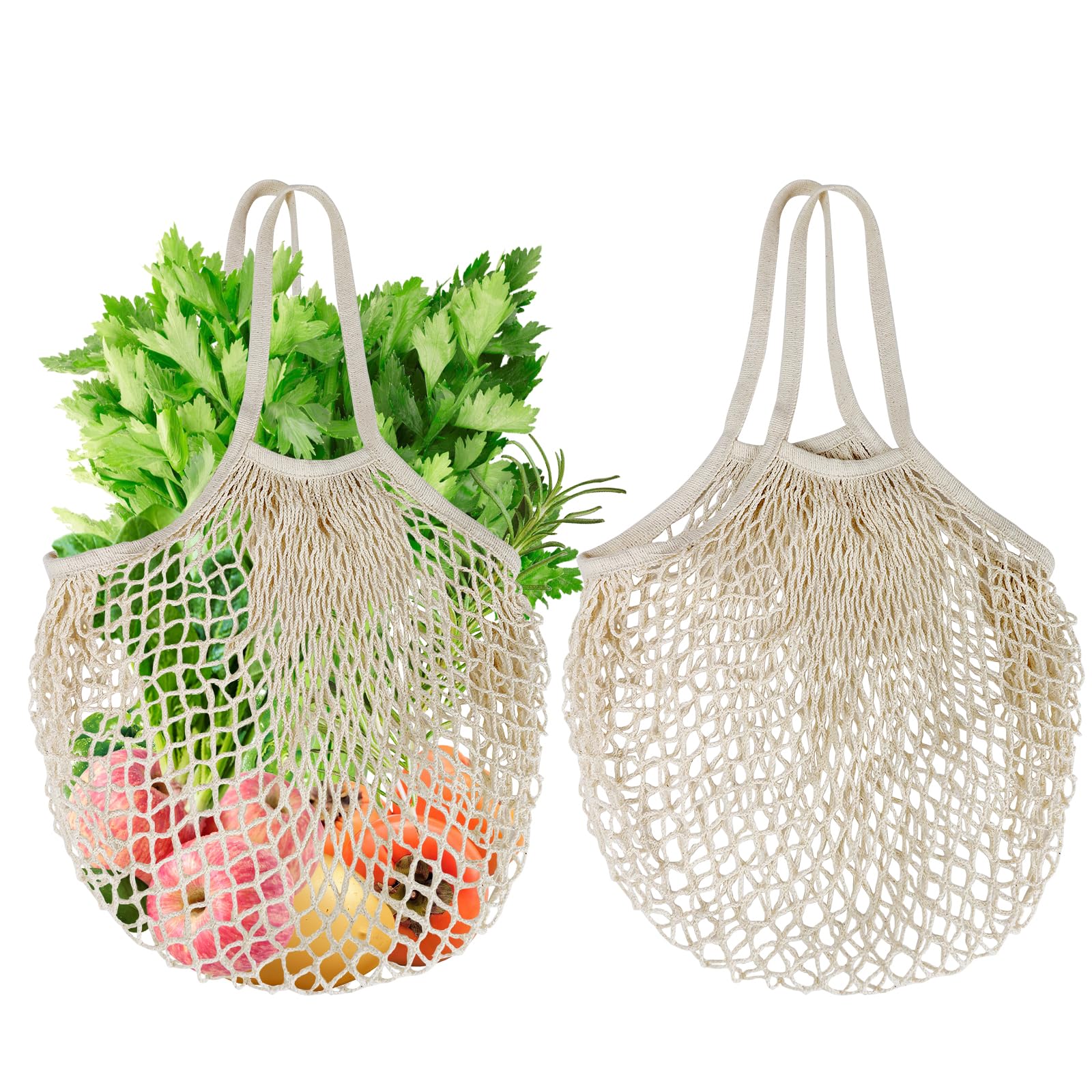 Mordx 2 Pack Premium Mesh Grocery Bags,100% Cotton String Mesh Bags,Long Handle Net Tote Bags,Reusable Produce Bags,Washable,Portable，Fruit and Vegetable Storage Bags,Beige