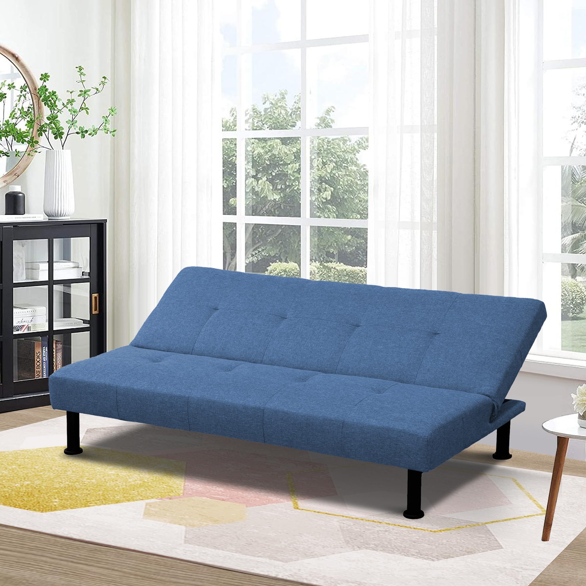 SumKea Convertible Flannel Sofa Adjustable Futon Couch Bed with Sturdy Legs for Living Room and Bedroom, Blue