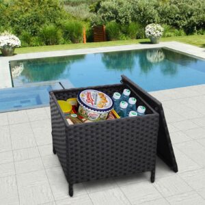 Lviden Outdoor Wicker Storage Side Table, Patio Black PE Rattan End Table with Storage, Square Container for Furniture Covers, Toys, and Gardening Tools