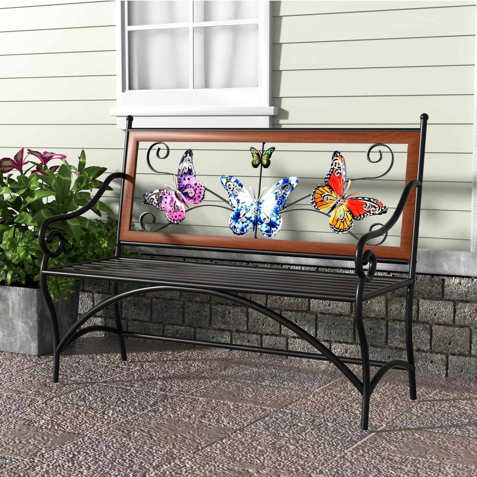 39.7" Outdoor Bench, Garden Bench, Patio Bench with Armrest, Slatted Seat and Butterfly Pattern Backrest for Outside, Front Porch, Park, Lawn, Backyard and Balcony, Cast Iron Metal Frame, Black