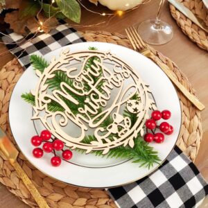 12 Pcs Christmas Wooden Plate Decor Merry Christmas Wood Cutouts Winter New Year Party Place Card Table Settings Signs for Farmhouse Dining Table Holiday Christmas Tree Decoration Ornament Flowers