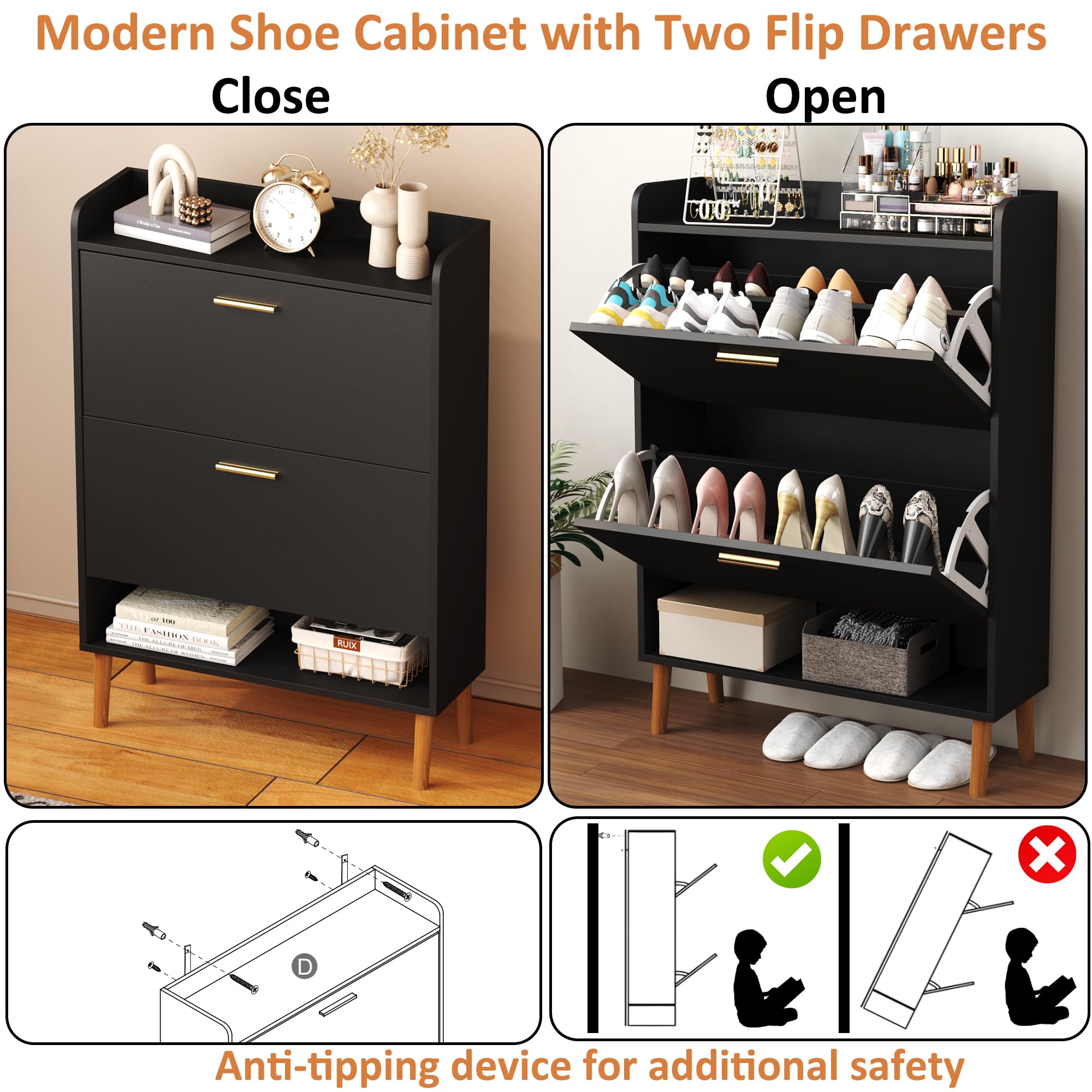 HOMEFORT Shoe Cabinet for Entryway, Shoe Storage Cabinet with 2 Flip Drawers, 30" Narrow Shoe Organizer Cabinet for Front Door Entrance, Modern Slim Hidden Shoe Rack Cabinet in Balck