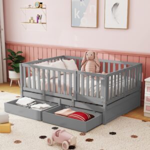 harper & bright designs kids full size bed with storage drawers and rails fence, wood daybed frame montessori bed for girls boys, can split into independent floor bed & daybed, gray