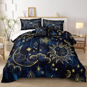 Merryword Sun and Moon Comforter Set Queen Size Blue Gold Bedding Comforter Blue Universe Galaxy Sun Moon Pattern Bohemian Gothic Comforter Set for Kids Boys Teens