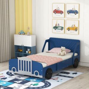 twin size car bed with wheels, wood platform bed with headboard and footboard, race car bed frame with slats support for boys girls, no box spring needed, blue