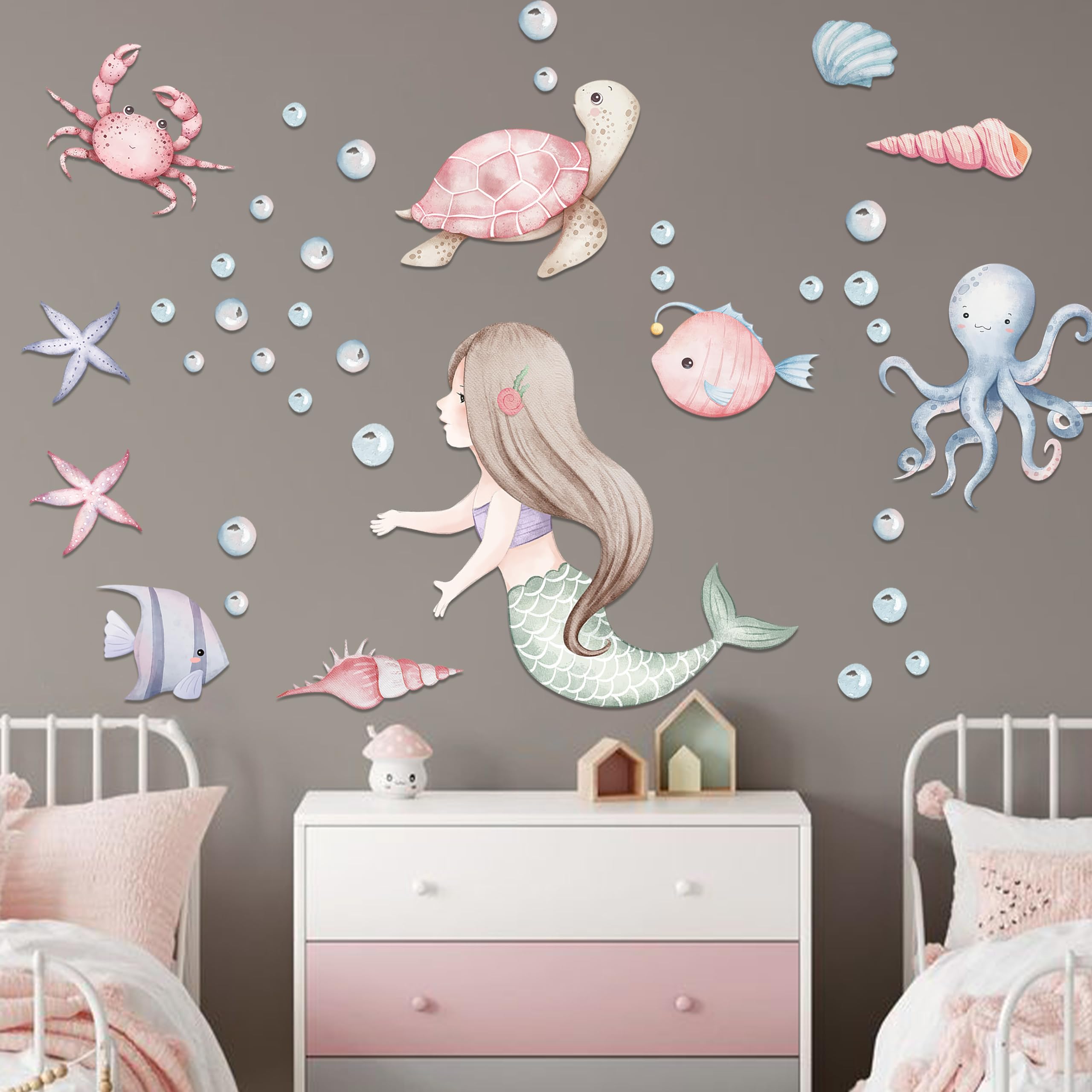 MUWEOL Under The Sea Mermaid Wall Decals - Ocean Fish Turtle Wall Stickers Bathroom Girls Bedroom Baby Nursery Wall Decoration,Sea Animals Wall Stickers